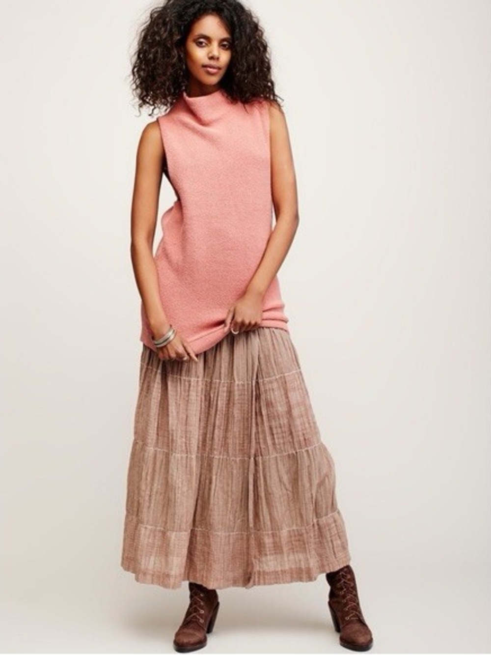 Free People Peach Pink Textured Ribbed Knit Cotton Blend Isla Ottoman Tunic NWT